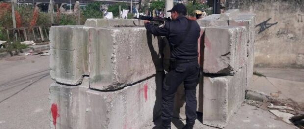 Military Police installed cement barricades around the base of the UPP in Manguinhos