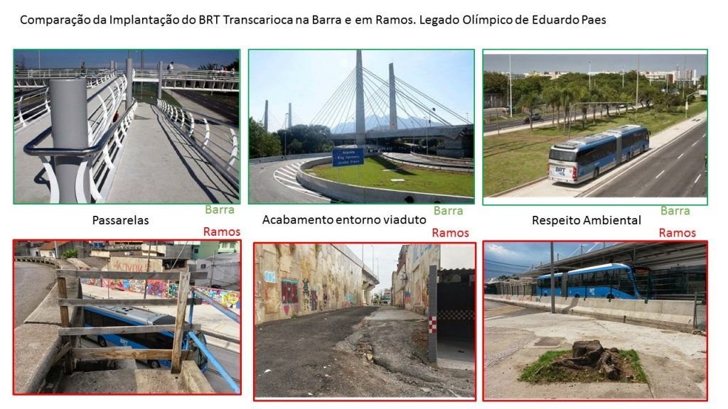  Comparison of the implementation of the BRT TransCarioca in Barra and in Ramos. Olympic Legacy of Mayor Eduardo Paes. 1. Pedestrian Bridges 2. Improvements in Surrounding Area  3. Environmental Respect