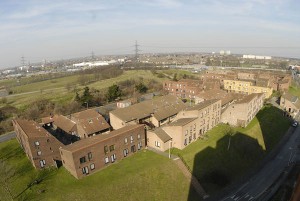 Clays Lane Housing Estate viewed from the adjacent and now empty student tower blocks, photo by Mike Wells