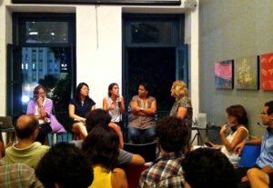 Anna Rubbo of Columbia University and the Global Studio, May Yu of Columbia University, Fabricia Ramos of IETS, and Cleonice Santos of the Rocinha PAC Social Construction Team.