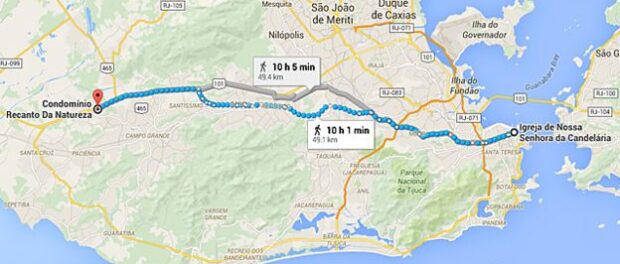 This map shows the distance from Recanto da Natureza to the city center of Rio: for the researcher, the distance reinforces marginalization. Map from Google Maps