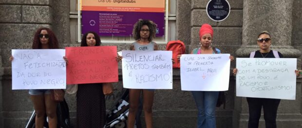 Protesters outside the exhibition