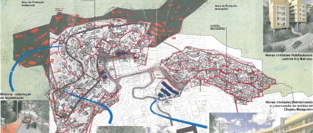 City map detailing plans for the main interventions through Morar Carioca; this map was among materials displayed during the international Rio+20 conference in 2012