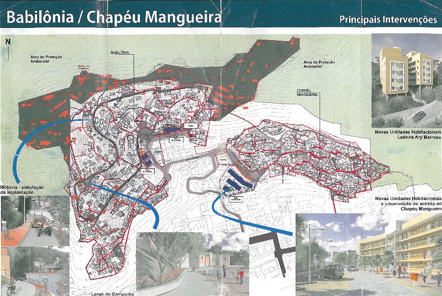 City map detailing plans for the main interventions through Morar Carioca; this map was among materials displayed during the international Rio+20 conference in 2012