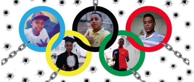 Five youth killed by police in Costa Barros, framed in Olympic rings. Image from Basta rj Facebook page