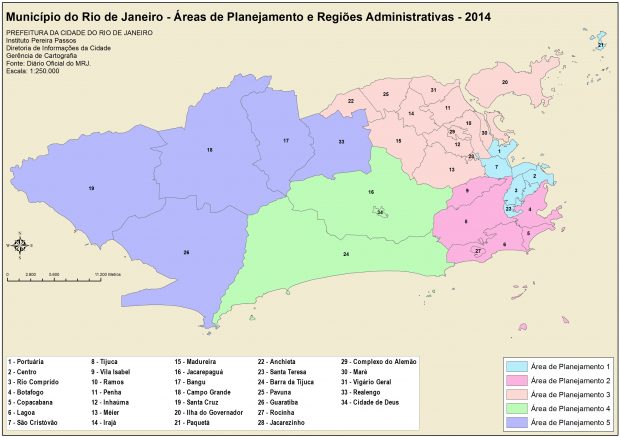 2014 map showing the five different Planning Areas, which are formed of 34 Administrative Regions 