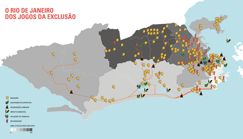 Map of Olympic impacts including forced evictions, urban interventions, environmental impacts and militarization. Map by Rio 2016 - Os Jogos da Exclusão