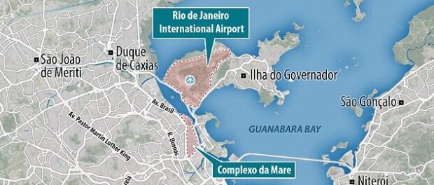 The Daily Mail emphasizes that Maré, a "breeding ground" for zika, is just 2.5km from the airport where international visitors will arrive. Image from the Daily Mail