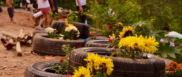 Flower beds in old tyres