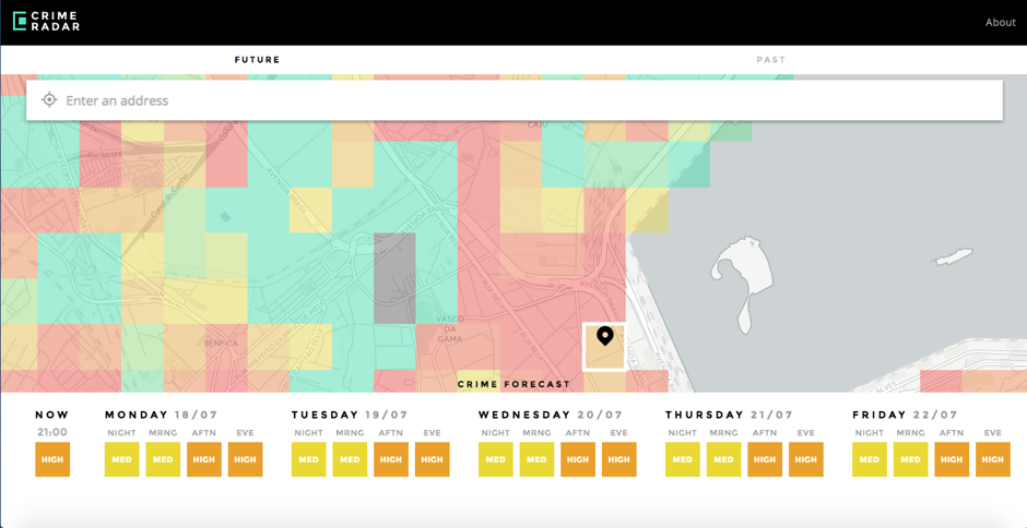 CrimeRadar allows users to view incidence and probability of different types of crimes in 250-square-meter areas across the city. Image: Igarapé Institute.