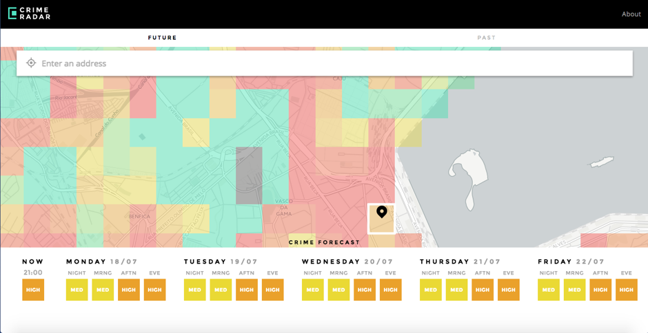 CrimeRadar allows users to view incidence and probability of different types of crimes in 250-square-meter areas across the city. CrimeRadar allows users to view incidence and probability of different types of crimes in 250-square-meter areas across the city. Image: Igarapé Institute.