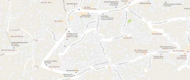 The current map of Vidigal, featuring the names of streets and businesses. Image: Google Maps. 