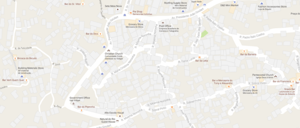 The current map of Vidigal, featuring the names of streets and businesses. Image from Google Maps. The current map of Vidigal, featuring the names of streets and businesses. Image: Google Maps.