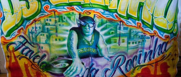 Banner of Rocinha DJ school. Photo by Peter Tsai