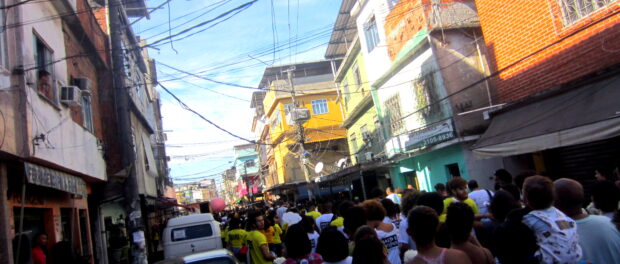 The street filled with protesters. 