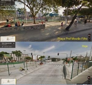 Olympic legacy in Ramos: green leisure spaces replaced with rapid and mass bus corridors. Square called Praça Professor Mourão Filho (from: Google Street View - 2011 and 2016) 