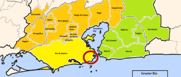 Map of Greater Rio. Red circle surrounds the areas tourists are familiar with: South Zone and Center. Map of Greater Rio. Red circle surrounds the areas tourists are familiar with: South Zone and Center.