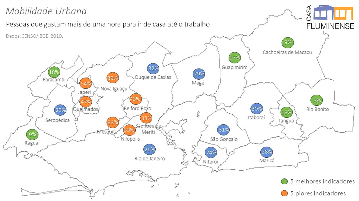 Percentage of residents that spend more than one hour commuting to work by municipality in Rio Metropolitan Area. Map by Casa Fluminense.