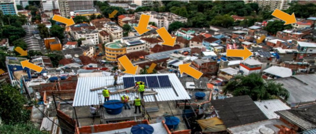 Solar panels in Santa Marta. The locations were chosen by residents, who also helped install the panels. Photo: Insolar Solar panels in Santa Marta. The locations were chosen by residents, who also helped install the panels. Photo: Insolar