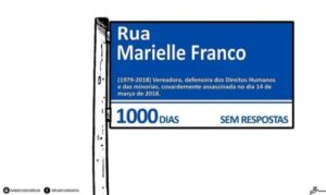Illustration of an image of a Rio de Janeiro street sign, written ‘Marielle Franco Street’. Illustration by: Brum